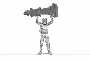 Single one line drawing astronaut standing and lifting up king chess piece. Supremacy and victory in outer space. Cosmic galaxy space concept. Continuous line draw design graphic vector illustration