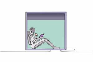 Single continuous line drawing astronaut on windowsill with cup of hot coffee or tea, reading book in moon surface. Enjoying a day in window. Cosmonaut deep space. One line design vector illustration