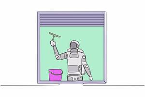 Single one line drawing young astronaut cleaning windows with bucket, glass cleaner tools in moon surface. Cosmic galaxy space concept. Modern continuous line draw design graphic vector illustration