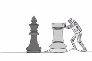 Single one line drawing astronaut push huge rook chess piece to take down king. Work hard to win satellite business competition. Cosmic galaxy space. Continuous line graphic design vector illustration