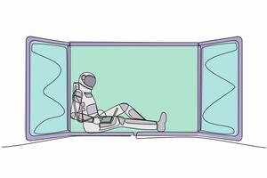 Single one line drawing young astronaut freelancer sitting on windowsill, working using laptop. Remote work from moon surface. Cosmic galaxy space. Continuous line design graphic vector illustration