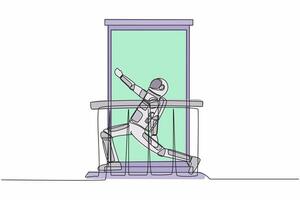 Continuous one line drawing astronaut with headphone practices yoga near window or balcony in moon surface. Sport, workout, exercise. Cosmonaut outer space. Single line draw design vector illustration