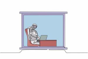 Single one line drawing young astronaut sitting and working at desk and using laptop near window in moon surface. Cosmic galaxy space concept. Modern continuous line design graphic vector illustration