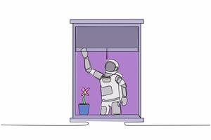 Single one line drawing young astronaut waving at window as look like to greet or invite friends to come in. Cosmic galaxy space concept. Modern continuous line draw design graphic vector illustration