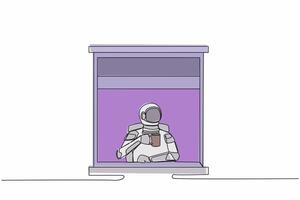 Single continuous line drawing young astronaut enjoy hot coffee or tea in window house, holding mug, looking through window in moon surface. Cosmonaut deep space. One line design vector illustration