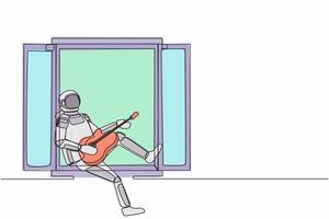 soltero continuo línea dibujo joven astronauta sentado en antepecho jugando guitarra, canta canción en Luna superficie. relajación, comodidad, romántico. cosmonauta profundo espacio. uno línea diseño vector ilustración