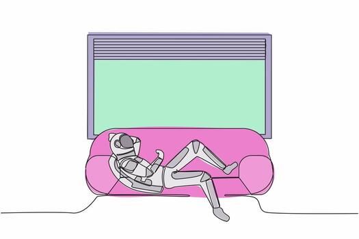 continuo uno línea dibujo astronauta acostado en sofá cerca antepecho a hogar en Luna superficie. gasto tiempo, relajante después trabajar. cosmonauta exterior espacio. soltero línea gráfico diseño vector ilustración