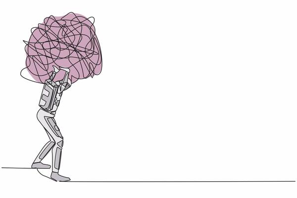 Single one line drawing young astronaut carrying heavy messy line on his back. Anxiety from planets exploration. Space company problem. Cosmic galaxy space. Continuous line design vector illustration