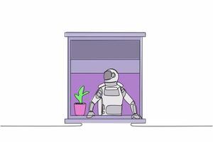 Continuous one line drawing astronaut looking outside window in moon surface. Spaceman with a plant watching out the window. Cosmonaut outer space. Single line draw graphic design vector illustration