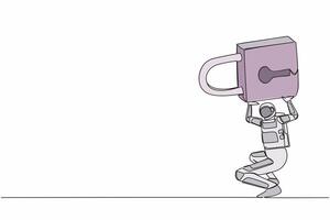 Continuous one line drawing young astronaut carrying heavy padlock on his back. Space company bankruptcy in financial crisis. Cosmonaut outer space. Single line draw graphic design vector illustration