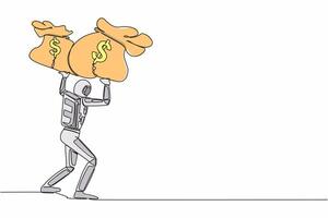 Continuous one line drawing young astronaut carrying heavy money bag on his back. Finance crisis in space company due to pandemic. Cosmonaut outer space. Single line graphic design vector illustration