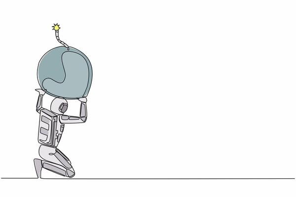 Single continuous line drawing astronaut carrying heavy bomb on his back. Spaceship company in debt explosion. Financial crisis problem. Cosmonaut deep space. One line draw design vector illustration