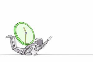 Continuous one line drawing of astronaut under heavy wall clock burden. Spaceman expedition within deadline and timeline, under pressure. Cosmonaut outer space. Single line design vector illustration