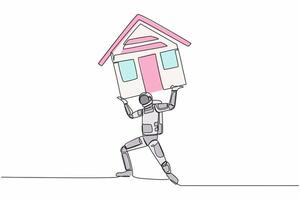 Single continuous line drawing astronaut carrying heavy house on his back in moon surface. Financial mortgage problem, taxes expenses. Cosmonaut deep space. One line design vector graphic illustration