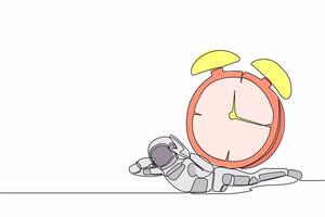 Single one line drawing of young astronaut under heavy alarm clock burden in moon surface. Work pressure at spaceship business project. Cosmic galaxy space. Continuous line design vector illustration