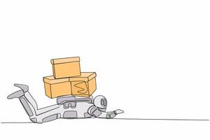 Single one line drawing of young astronaut under heavy pile of box burden in moon surface. Overworked spaceman with stack of cardboard. Cosmic galaxy space. Continuous line design vector illustration