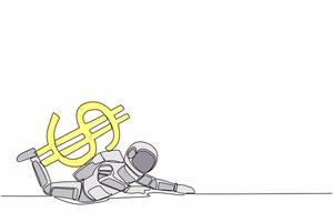 Continuous one line drawing of young astronaut under heavy dollar symbol burden. Overworked spaceman in galactic exploration. Cosmonaut outer space. Single line draw graphic design vector illustration