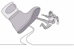 Continuous one line drawing young astronaut kick giant foot stomp in moon surface. Spaceman doing flying kick to big boot. Cosmonaut outer space concept. Single line graphic design vector illustration