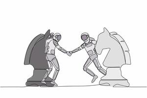 Single continuous line drawing of young astronaut competitors standing on horse chess piece, handshaking after finish agreement. Cosmonaut deep space. One line draw graphic design vector illustration