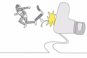 Single continuous line drawing young astronaut kicked out by big foot in moon surface. Spaceman kicked away from chair by giant feet. Cosmonaut deep space. One line design vector graphic illustration