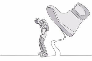 Single one line drawing young astronaut standing weak under huge boot shoe, being fired from company. Future science development. Cosmic galaxy space. Continuous line draw design vector illustration