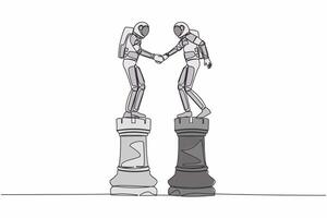 Single one line drawing of young astronaut leader shaking hand on rook chess. Collaboration strategy in spaceship industry. Cosmic galaxy space. Continuous line draw graphic design vector illustration