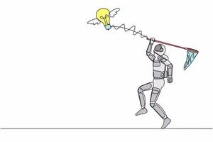 soltero uno línea dibujo joven astronauta tratar a atrapando volador ligero bulbo con mariposa neto. creativo idea planeta expedición. cósmico galaxia espacio. continuo línea gráfico diseño vector ilustración