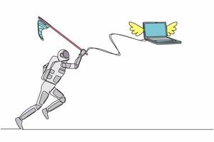 Single continuous line drawing young astronaut try to catching flying laptop with butterfly net. System data computing for spaceship company. Cosmonaut deep space. One line design vector illustration