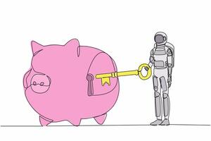 Continuous one line drawing young astronaut putting key into piggy bank. Personal saving or money security for spaceship expedition. Cosmonaut outer space. Single line draw design vector illustration