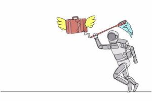 Single one line drawing young astronaut try to catch flying briefcase with butterfly net. High work performance spaceship company. Cosmic galaxy space. Continuous line draw design vector illustration