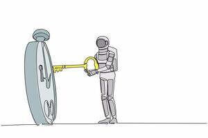 Continuous one line drawing young astronaut putting big key into stopwatch. Effective planning for productive work in space company. Cosmonaut outer space. Single line draw design vector illustration