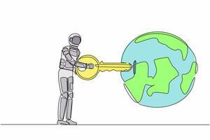 Single continuous line drawing of astronaut putting key into globe. Travel or explore earth above atmosphere. Research planet orbital. Cosmonaut deep space. One line design vector graphic illustration