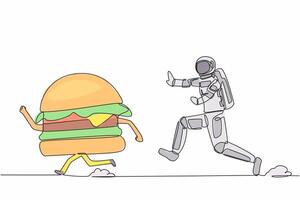 Single continuous line drawing of young astronaut run chasing hamburger in moon surface. Food estate industry in outer space. Cosmonaut deep space concept. One line design vector graphic illustration