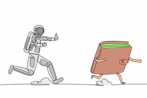 Continuous one line drawing of young astronaut run chasing wallet in moon surface. Digital wallet managed by satellite technology. Cosmonaut outer space. Single line graphic design vector illustration