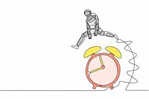 Continuous one line drawing young astronaut jumping over alarm clock. Spaceship expedition deadline, working time efficiency. Cosmonaut outer space. Single line draw graphic design vector illustration