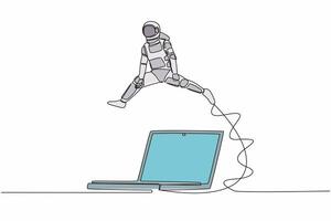 Single continuous line drawing young astronaut jumping over laptop computer. Office system information tech in spaceship exploration. Cosmonaut deep space. One line graphic design vector illustration