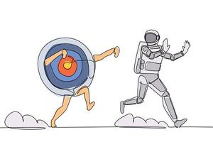 Continuous one line drawing scare astronaut being chased by archery bullseye target. Losing idea in business goals. Run to escape in outer space surface. Single line design vector graphic illustration