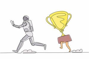 Single one line drawing young astronaut being chased by trophy. Confused with spaceship business goals for winning competition. Cosmic galaxy space. Continuous line graphic design vector illustration