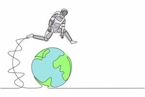 Single one line drawing young astronaut jumping over globe. International partnership, cooperation in spaceship project expedition. Cosmic galaxy space. Continuous line draw design vector illustration