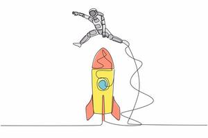 Single continuous line drawing young astronaut jumping over big spacecraft rocket. Successful galactic expedition launch preparation. Cosmonaut deep space. One line graphic design vector illustration