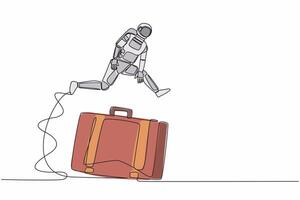 Single one line drawing young astronaut jump over big briefcase. Professional suitcase spaceman, data storage information. Cosmic galaxy space. Continuous line draw graphic design vector illustration