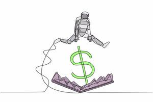 Single one line drawing astronaut jumping over money pitfall with big money dollar symbol. Financial trap in spaceship business. Cosmic galaxy space. Continuous line graphic design vector illustration