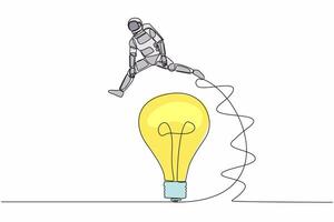 Single one line drawing young astronaut jumping over big light bulb. Innovation transformation technology in space company. Cosmic galaxy space. Continuous line draw graphic design vector illustration