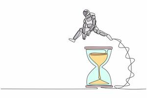 Single one line drawing young astronaut jumping over hourglass. Business spaceship company scheduling and time management. Cosmic galaxy space. Continuous line draw graphic design vector illustration