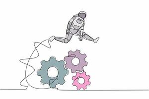 Single one line drawing astronaut jumping over big gears. Developing spaceship innovation. Operation expedition management. Cosmic galaxy space. Continuous line draw graphic design vector illustration