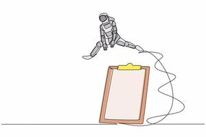 Single continuous line drawing astronaut jumping over clipboard. Checklist space expedition survey application paper sheets document. Cosmonaut deep space. One line graphic design vector illustration
