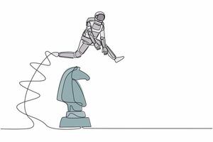 Single one line drawing astronaut jumping over chess horse knight. Brain intelligence for spaceship project. Tactical movement. Cosmic galaxy space. Continuous line graphic design vector illustration