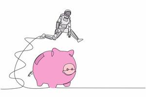 Single continuous line drawing of astronaut jumping over piggy bank. Security money storage, saving for spaceship project investment. Cosmonaut deep space. One line graphic design vector illustration