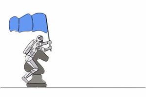soltero continuo línea dibujo joven astronauta montando grande ajedrez caballo Caballero pedazo y participación bandera. batalla en espacio guerra interestelar. cosmonauta profundo espacio. uno línea gráfico diseño vector ilustración