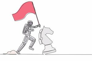 Continuous one line drawing astronaut running and holding flag beside horse chess piece. Celebrating triumph of intergalactic expedition. Cosmonaut outer space. Single line design vector illustration